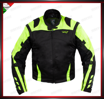 GIACCA MOTO IN TESSUTO FLUO CORDURA MANICA STACCABILE PROTEZIONI OMOLOGATE CE