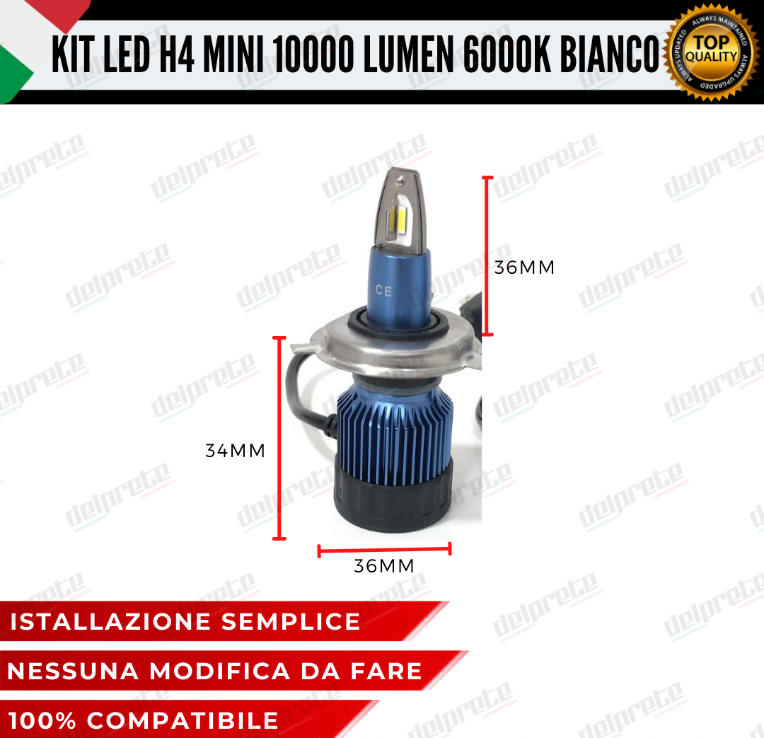 KIT FULL LED LAMPADE LED H4 MINI NO ERROR 6000K BIANCO 10000 LUMEN LM CANBUS