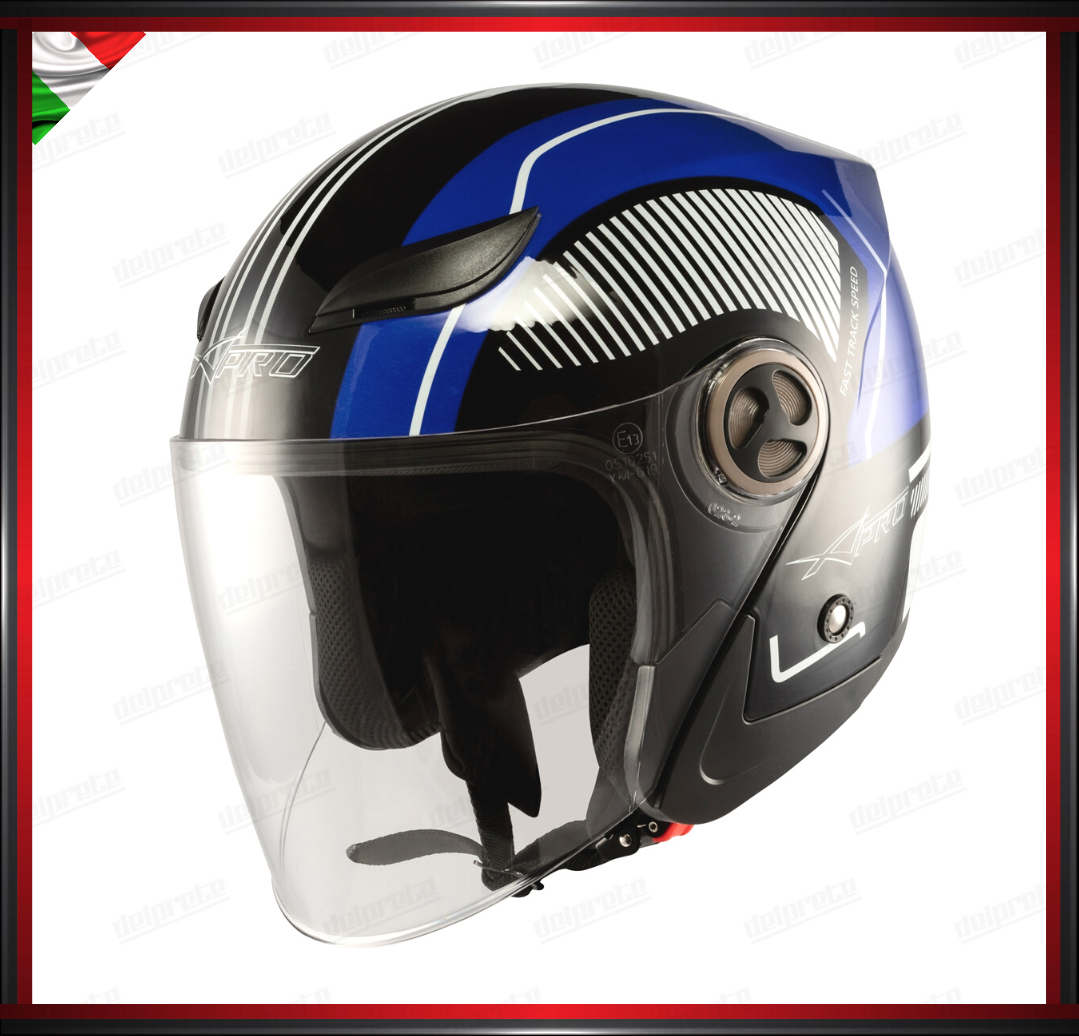 CASCO JET CITY MOTO SCOOTER CON VISIERA BLU GRAFICA OMOLOGATO ECE 22-05