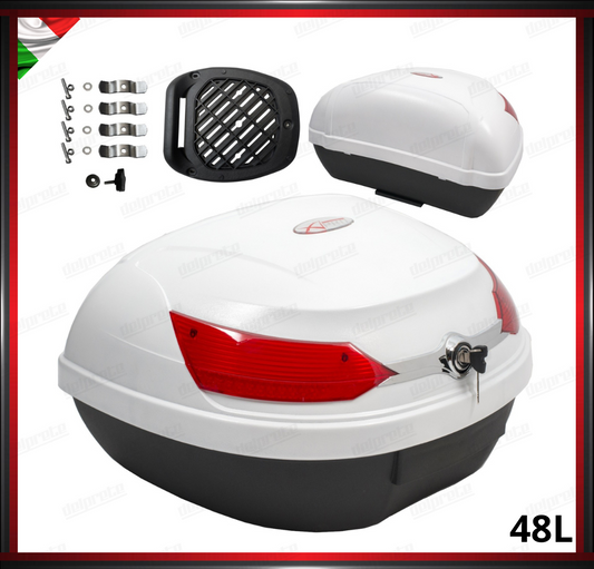 BAULETTO RIGIRO 48 LITRI BIANCO SCOOTER MOTO TOP CASE UNIVERSALE BAULE CON PIASTRA