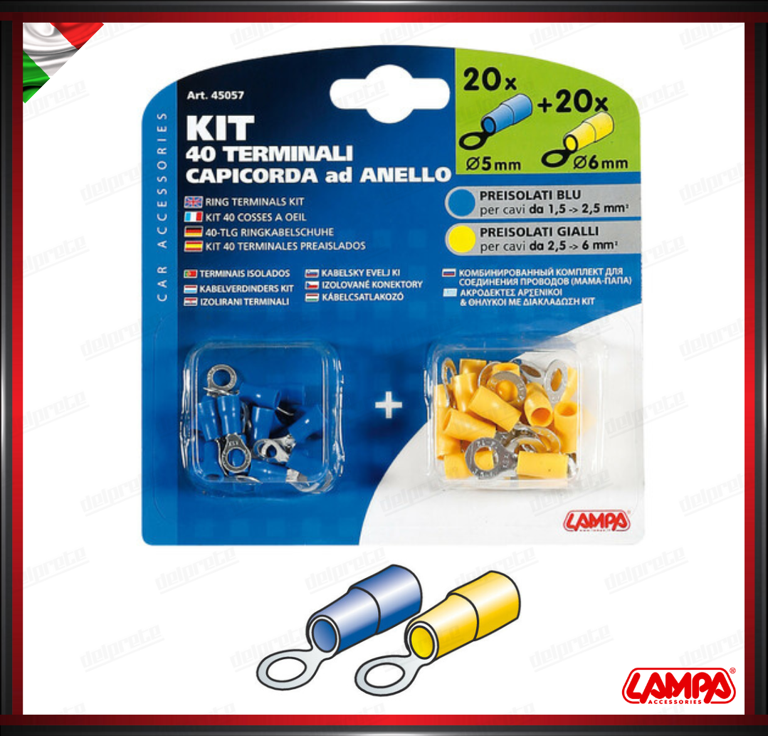 KIT 40 TERMINALI CAPICORDA AD ANELLO LAMPA - GIALLO BLU - 20 GIALLO E 20 BLU