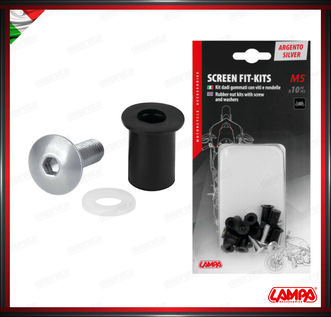 SCREEN FIT-KITS KIT DADI CUPOLINO GOMMATI CON VITI ( 5 MA ) SET 10PZ ARGENTO VITI ANODIZZATE LAMPA