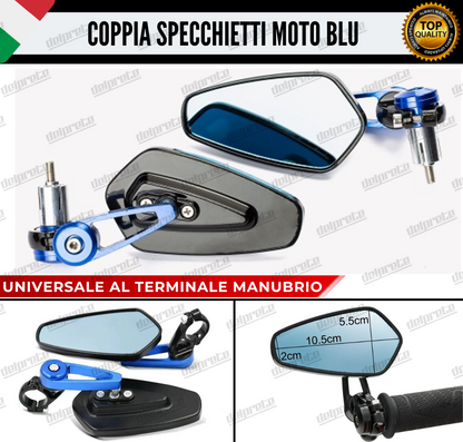 SPECCHIETTI RETROVISORI MANUBRIO COPPIA PER MOTO SCOOTER BAR END BLU CAFE RACER