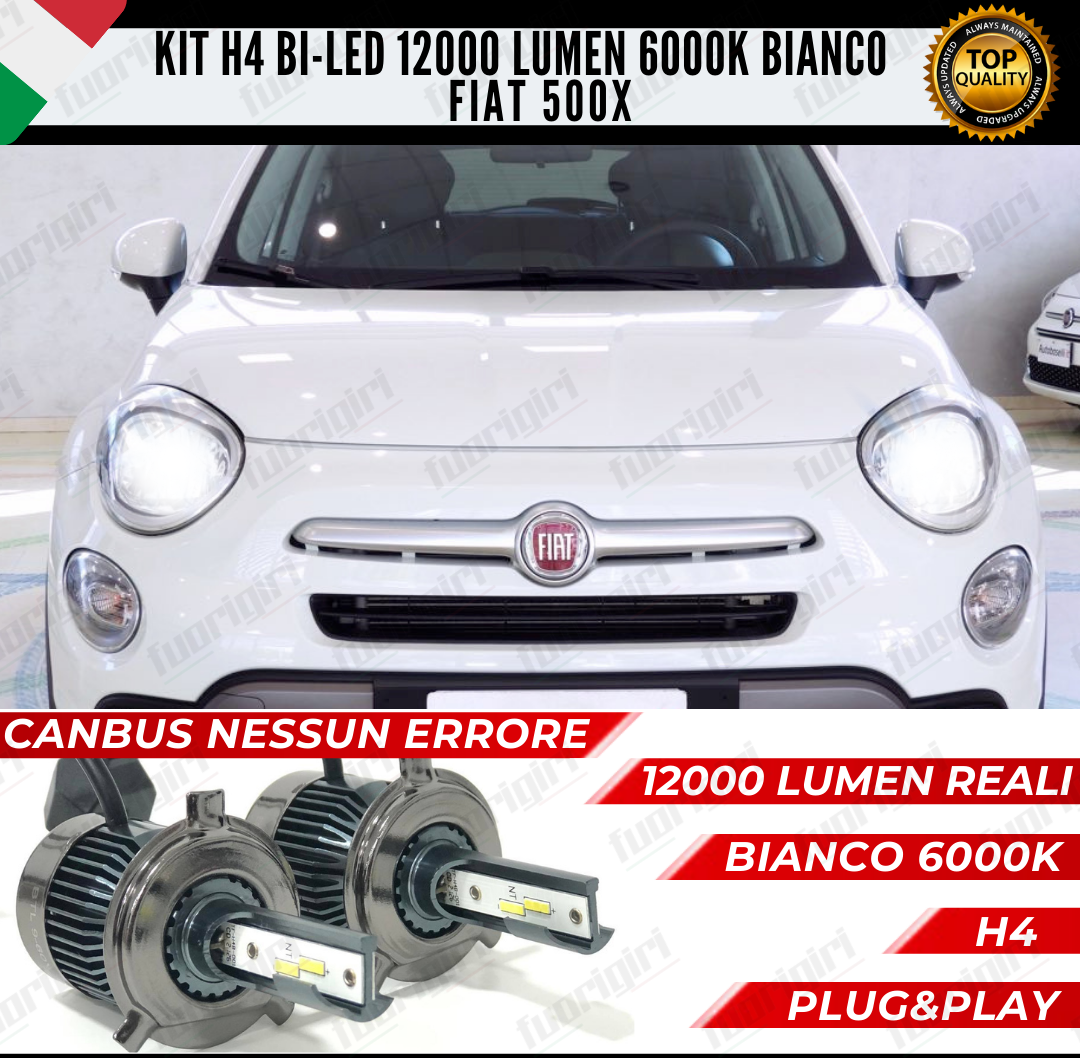 KIT LED H4 PER FIAT 500X 6000K BIANCO CANBUS 12000 LUMEN BI-LED NESSUN ERRORE