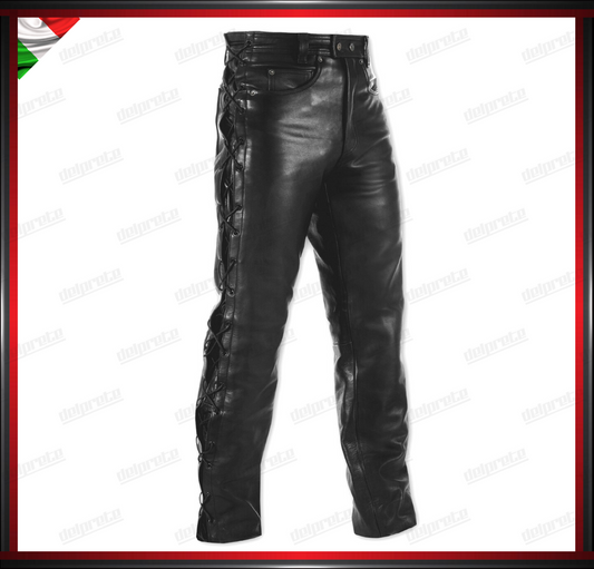 PANTALONI IN VERA PELLE NERO CUSTOM CHOPPER TAGLIO JEANS 5 TASCHE CON LACCI LATERALI