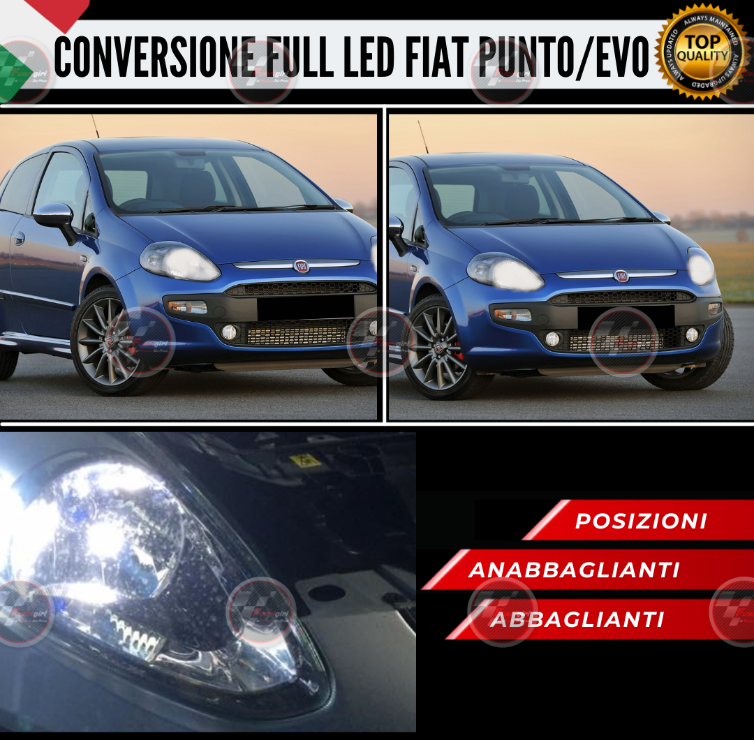 KIT FULL LED FARI FIAT PUNTO EVO ANABBAGLIANTI + ABBAGLIANTI 12000L H4 LUCI POSIZIONE T10