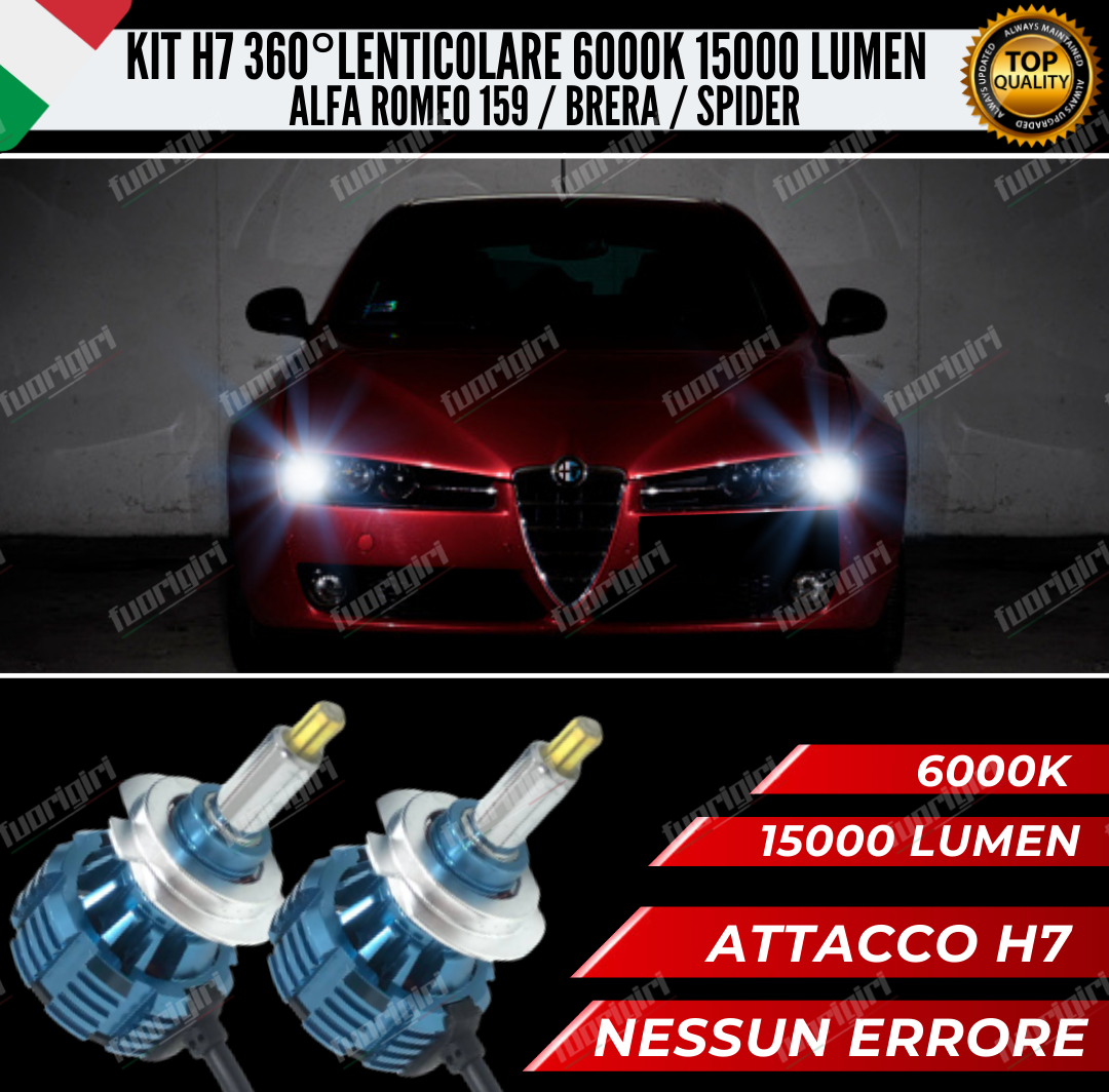 KIT FULL LED H7 360° GRADI LENTICOLARI ALFA ROMEO 159 15000LUMEN CANBUS NO ERROR