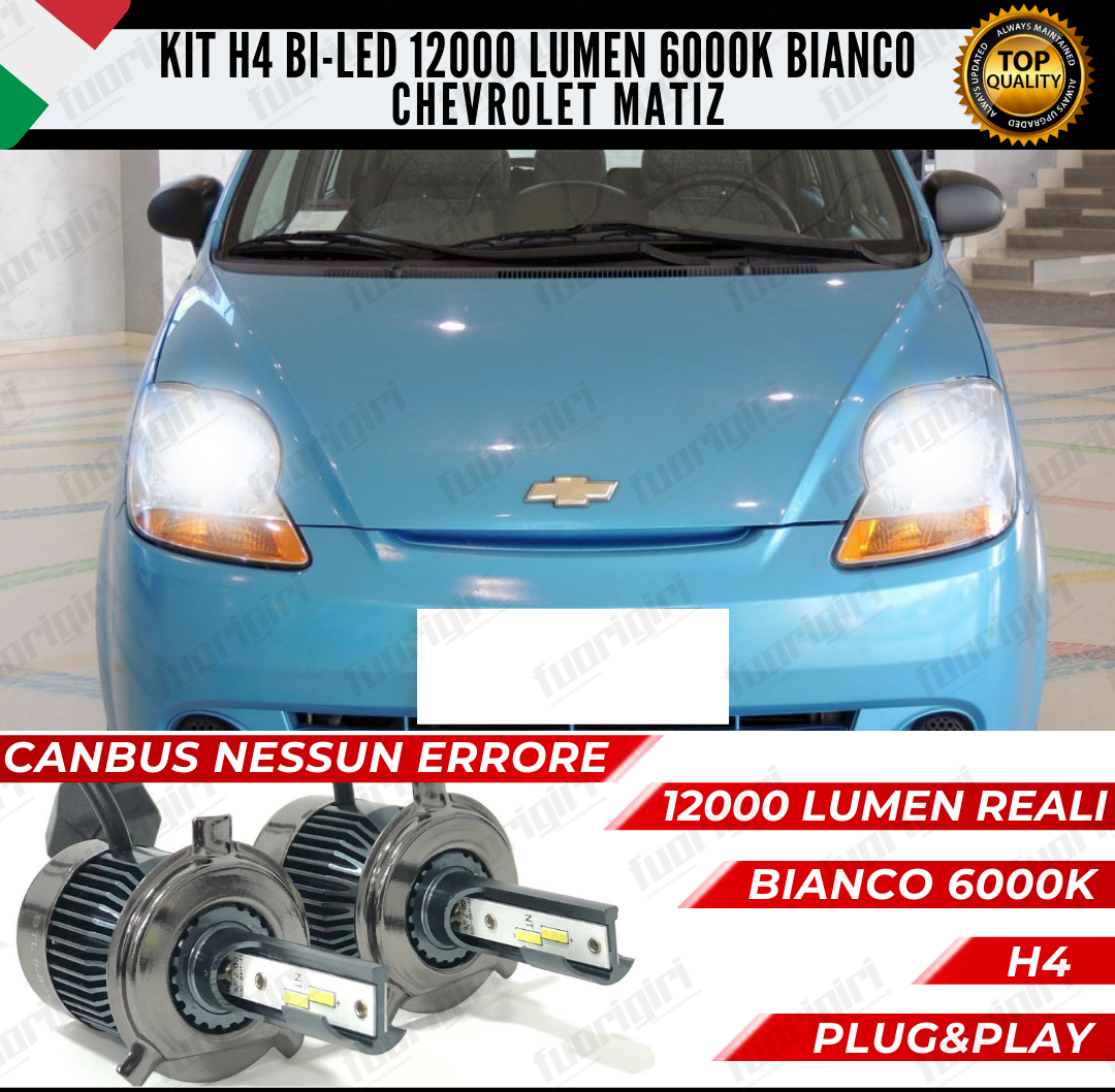 KIT LED H4 CHEVROLET MATIZ 6000K BIANCO CANBUS 12000 LUMEN BI-LED NESSUN ERRORE