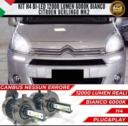 KIT LED H4 CITROEN BERLINGO II 6000K BIANCO CANBUS 12000 LUMEN BI-LED NO ERRORE