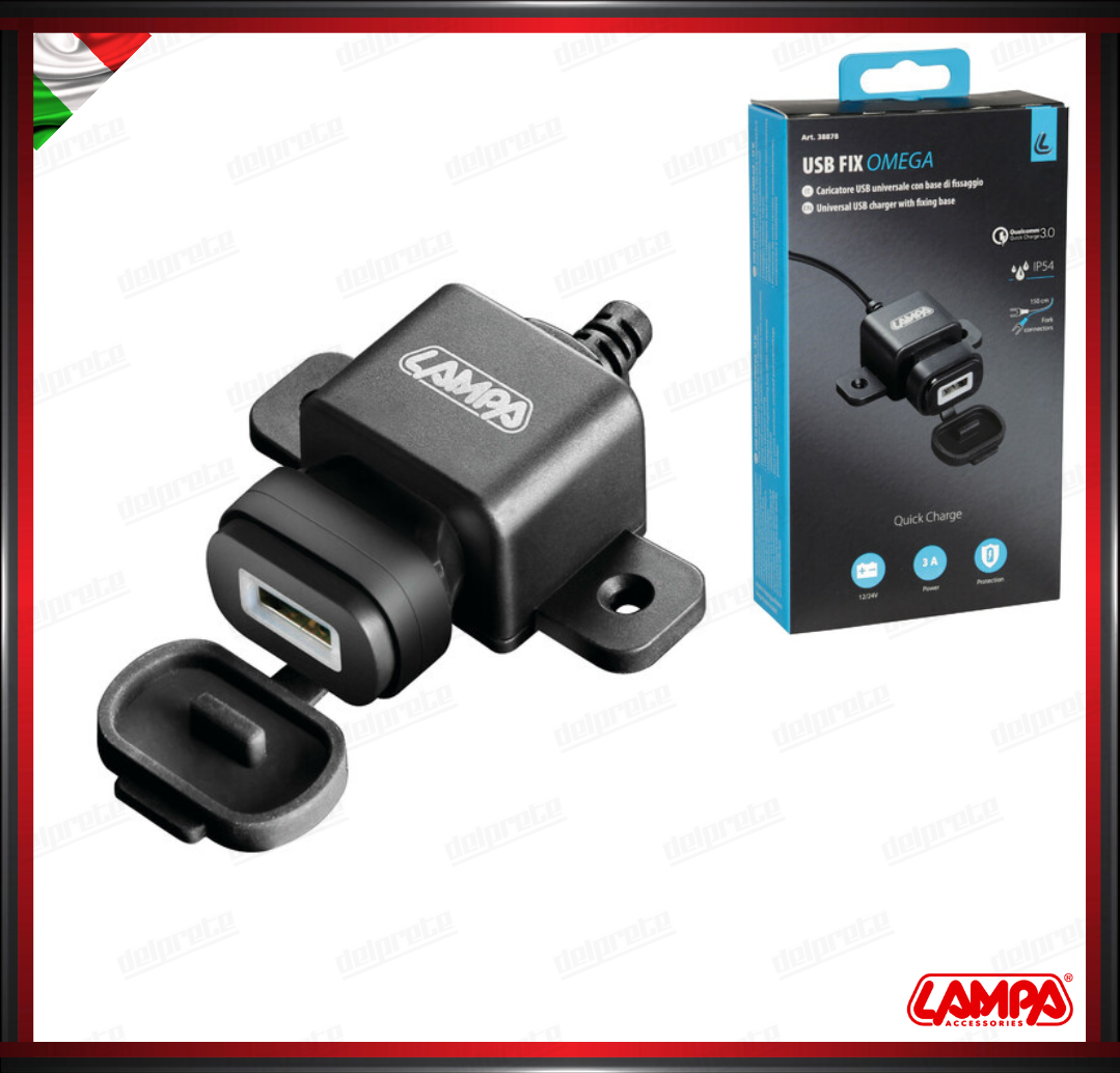 USB FIX OMEGA LAMPA CARICATORE USB MOTO FISSAGGIO CON VITI  - 3000 MA 12/24V