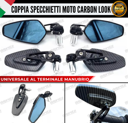 SPECCHIETTI RETROVISORI MANUBRIO COPPIA PER MOTO SCOOTER BAR END CARBONIO CAFE RACER