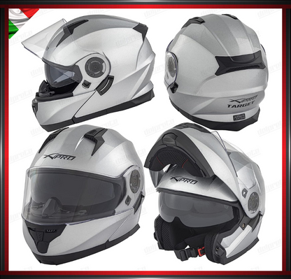 CASCO MODULARE GRIGIO ARGENTO APRIBILE MOTO CON VISIERA PARASOLE OMOLOGATO ECE 22-05