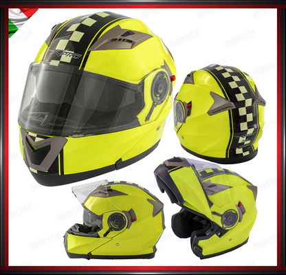 CASCO MODULARE DOPPIA VISIERA APRIBILE FLUO CON GRAFICA OMOLOGATO ECE2205