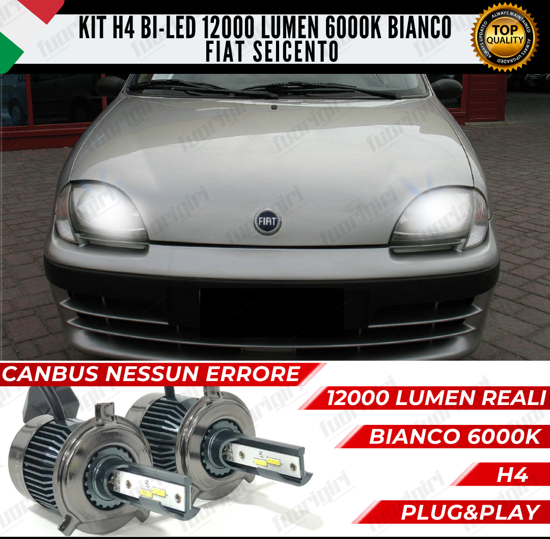 KIT LED H4 FIAT SEICENTO 600 6000K BIANCO CANBUS 12000 LUMEN BI-LED NESSUN ERROR