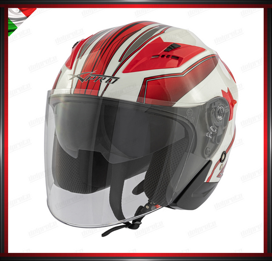 CASCO JET MOTO SCOOTER DOPPIA VISIERA BIANCO E ROSSO LUCIDO OMOLOGATO ECE 22-05