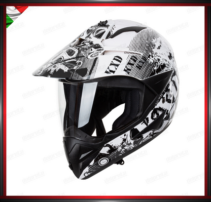 CASCO MOTO ENDURO CROSS NERO E BIANCO TRIAL ADVENTURE OFF ROAD OMOLOGATO ECE 22-05