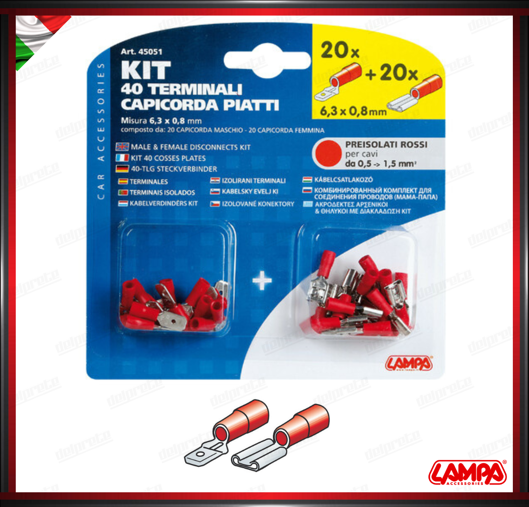 SET 40 TERMINALI COPRICORDA PIATTI FASTOM PREISOLATI LAMPA - ROSSO 20 MASCHI 20 FEMMINA