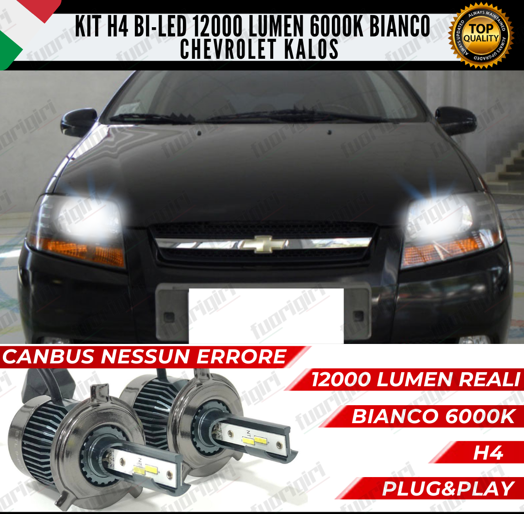 KIT LED H4 CHEVROLET KALOS 6000K BIANCO CANBUS 12000 LUMEN BI-LED ANABB+ABB NESSUN ERRORE