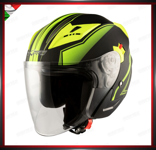 CASCO JET MOTO SCOOTER DOPPIA VISIERA NERO E FLUO OPACO OMOLOGATO ECE 22-05