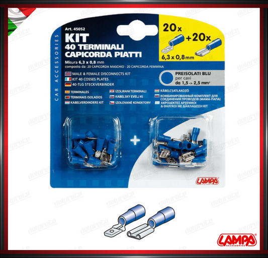 SET 40 TERMINALI COPRICORDA PIATTI FASTOM PREISOLATI LAMPA - BLU 20 MASCHI 20 FEMMINA