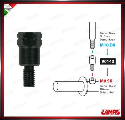 ADATTATORE PER SPECCHIETTO NERO RETROVISORE FILETTO Ø 10 MM DX > Ø 8 MM SX