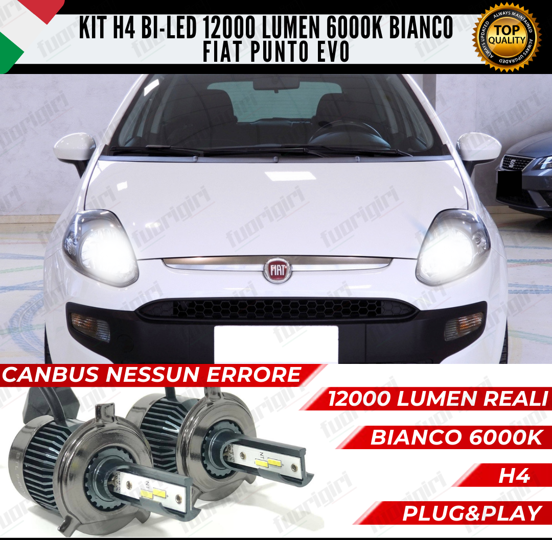 KIT LED H4 FIAT PUNTO EVO 6000K BIANCO CANBUS 12000 LUMEN BI-LED NESSUN ERRORE