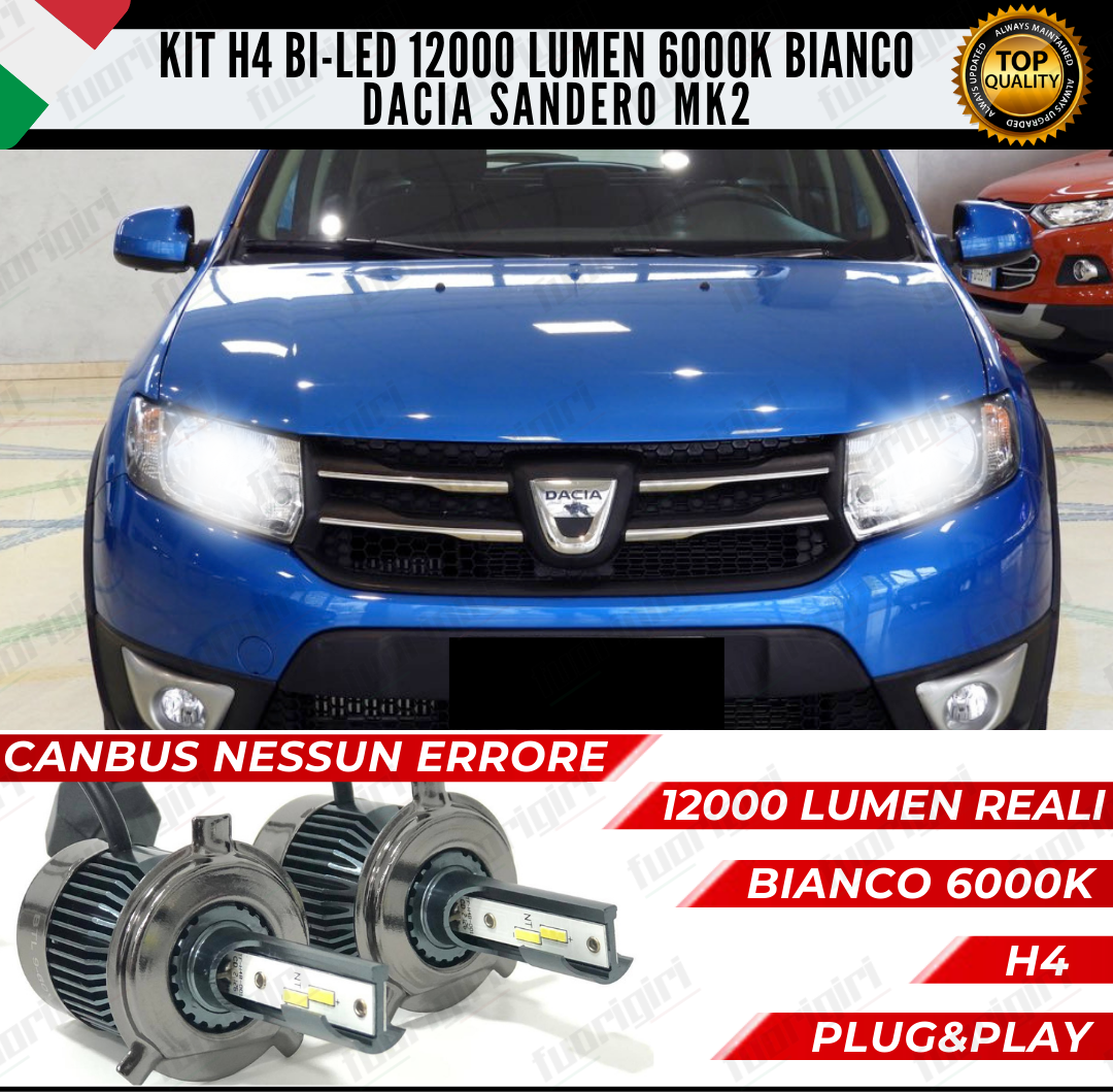 KIT LED H4 DACIA SANDERO MK2 6000K BIANCO CANBUS 12000 LUMEN BI-LED ANABB+ABB NESSUN ERROR (parabola singola)