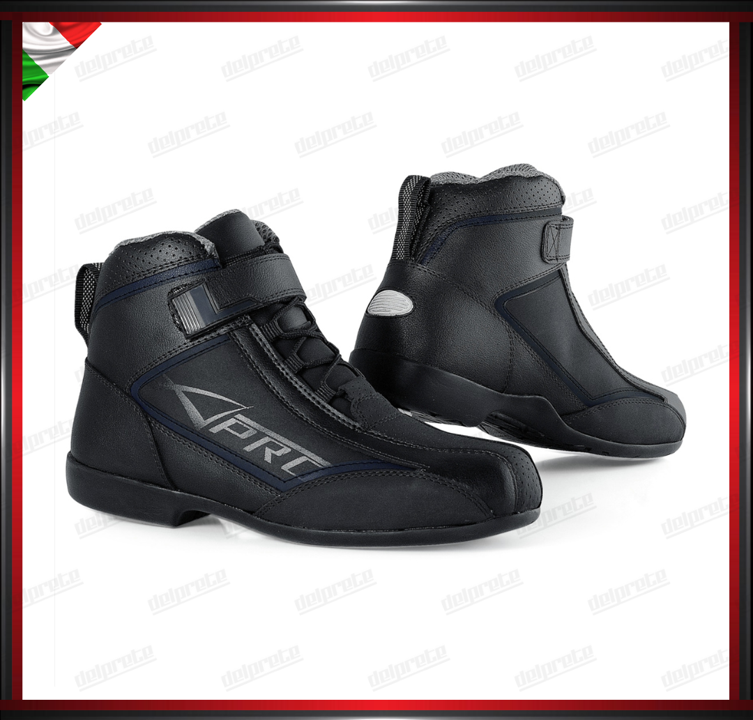 STIVALETTO BASSO SCARPA MOTO IN PELLE NERO CON STRAPPO E PROTEZIONI TIBIA TALLONE E CAVIGLIA