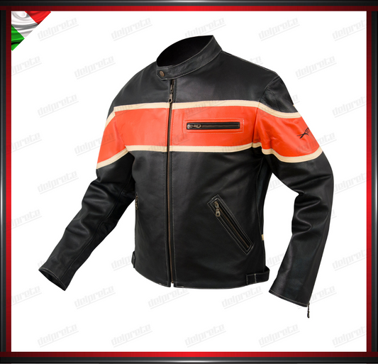 GIACCA IN PELLE VERO FIORE ARANCIONE E NERO PREDISPOSIZIONE PROTEZIONI CUSTOM BIKERS