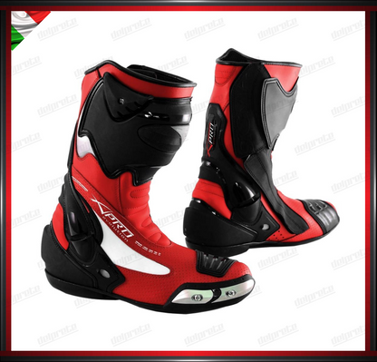 STIVALE MOTO TECNICO DA PISTA ROSSO IN PELLE CON ZIP LATERALE PROTEZIONE TIBIA TALLONE CAVIGLIA