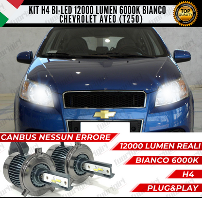 KIT LED H4 CHEVROLET AVEO T250 6000K BIANCO CANBUS 12000 LUMEN BI-LED ANABB+ABB NO ERRORE (copia)