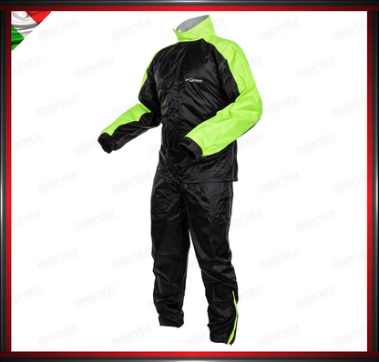 TUTA ANTIPIOGGIA MOTO DIVISIBILE TESSUTO CERATO FLUO ANTIACQUA 100% IMPERMEABILE ANTIVENTO