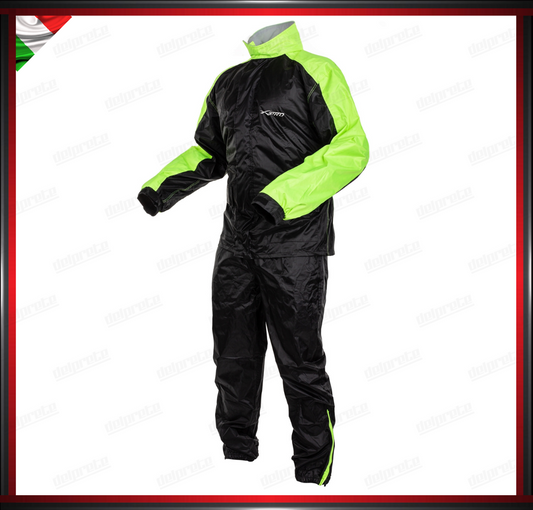 TUTA ANTIPIOGGIA MOTO DIVISIBILE TESSUTO CERATO FLUO ANTIACQUA 100% IMPERMEABILE ANTIVENTO