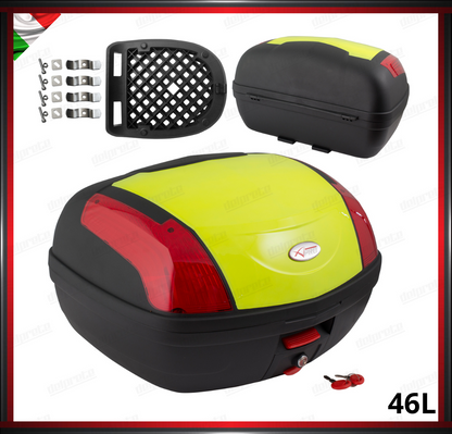 BAULETTO RIGIDO 46 LITRI FLUO SCOOTER MOTO TOP CASE UNIVERSALE BAULE CON PIASTRA