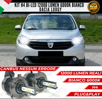 KIT LED H4 PER DACIA LODGY 6000K BIANCO CANBUS 12000 LUMEN BI-LED ANABB+ABB NESSUN ERRORE