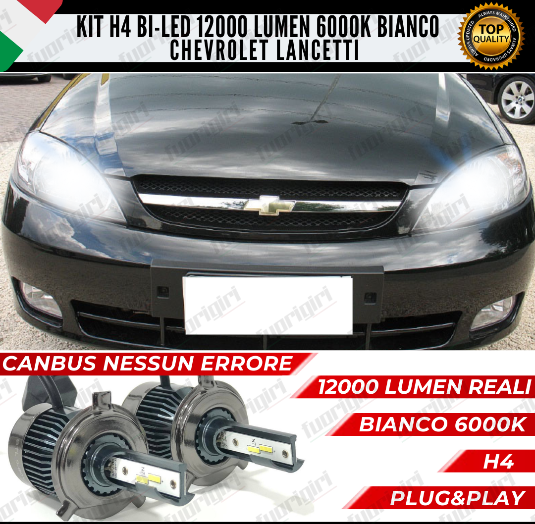 KIT LED H4 CHEVROLET LACETTI 6000K BIANCO CANBUS 12000 LUMEN BI-LED ANABB+ABB NO ERRORE