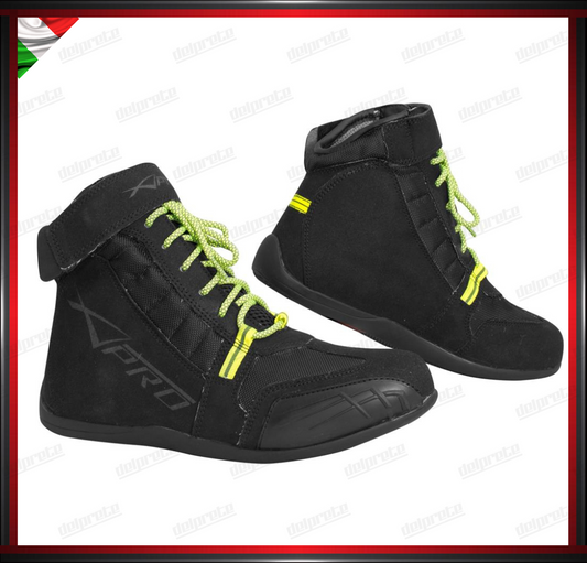 STIVALETTO BASSO MOTO IN TESSUTO CON LACCI FLUO IMPERMEABILE TRASPIRANTE OMOLOGATO CE