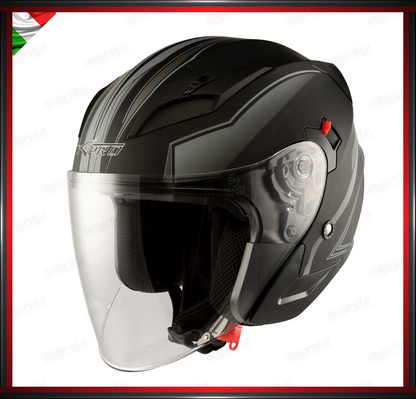 CASCO JET MOTO SCOOTER DOPPIA VISIERA NERO E SILVER GRIGIO OPACO OMOLOGATO ECE 22-05