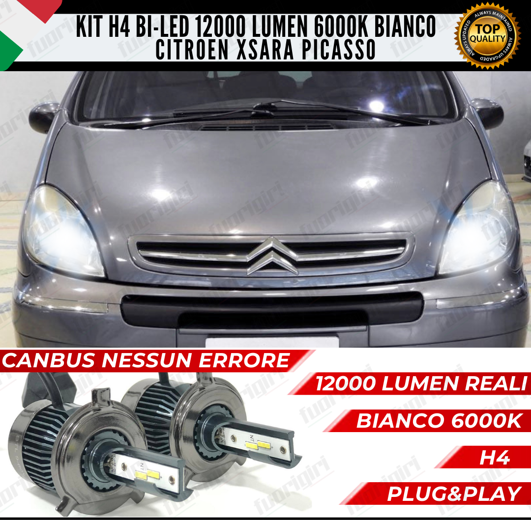 KIT LED H4 CITROEN XSARA PICASSO 6000K BIANCO CANBUS 12000 LUMEN BI-LED NO ERROR