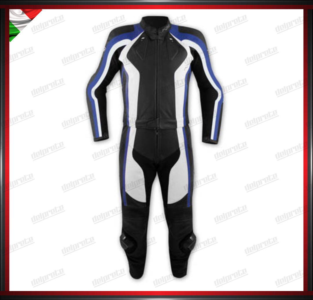 TUTA IN PELLE MOTO DIVISIBILE 2 PEZZI IN PELLE PIENO FIORE CON PROTEZIONI CE NERO E BLU