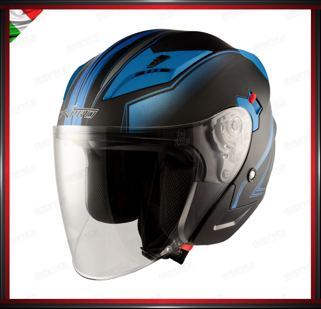 CASCO JET MOTO SCOOTER DOPPIA VISIERA NERO E BLU OPACO OMOLOGATO ECE 22-05