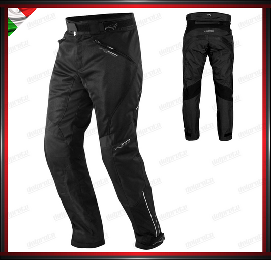 PANTALONI MOTO NERO TESSUTO TECNICO TRAFORATO MESH TRASPIRANTE PROTEZIONI OMOLOGATE CE