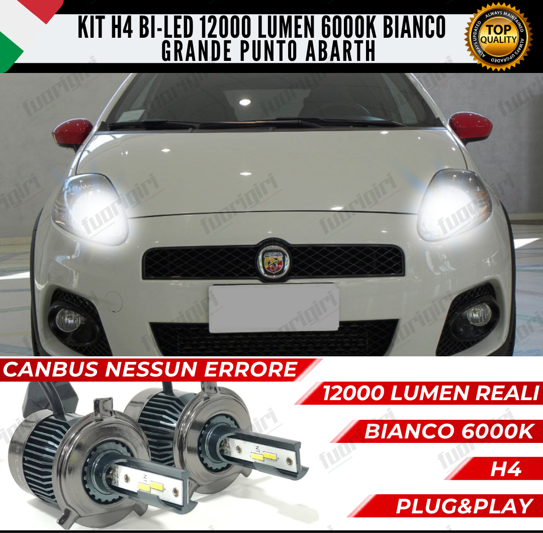 KIT LED H4 GRANDE PUNTO ABARTH 6000K BIANCO CANBUS 12000 LUMEN BI-LED NO ERRORE