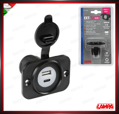 EXT-12 LAMPA DOPPIA PRESA USB TIPO A + USB C AD INCASSO UNIVERSALE - 12/24V