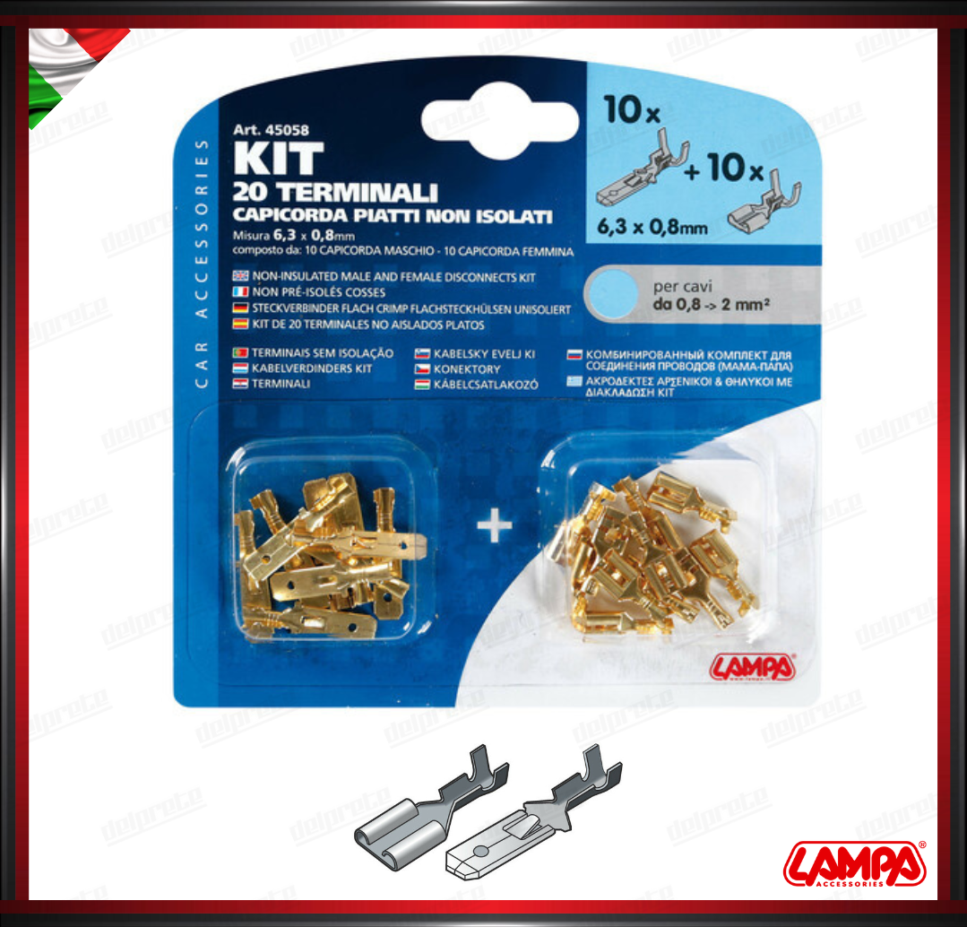 KIT 20 TERMINALI CAPICORDA NON ISOLATI FASTOM LAMPA - 10 MASCHI 10 FEMMINA