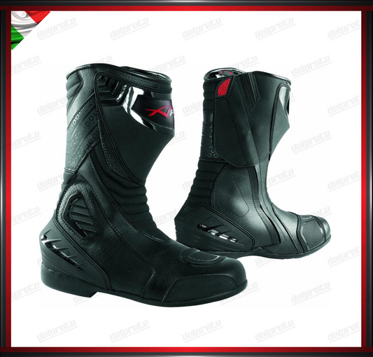 STIVALE MOTO TECNICO DA PISTA NERO IN PELLE CON ZIP LATERALE PROTEZIONE TIBIA TALLONE CAVIGLIA