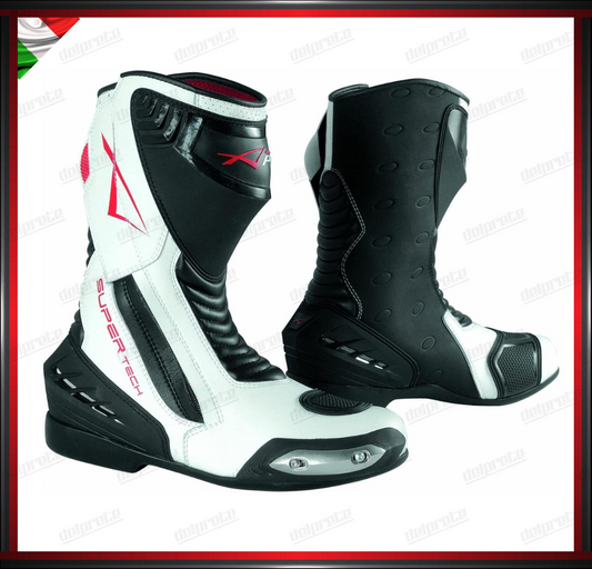 STIVALE MOTO TECNICO DA PISTA BIANCO IN PELLE CON ZIP LATERALE PROTEZIONE TIBIA TALLONE CAVIGLIA