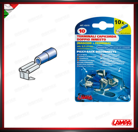 KIT 10 TERMINALI CAPICORDA FASTOM DOPPIO INNESTO MASCHIO + FEMMINA LAMPA - BLU