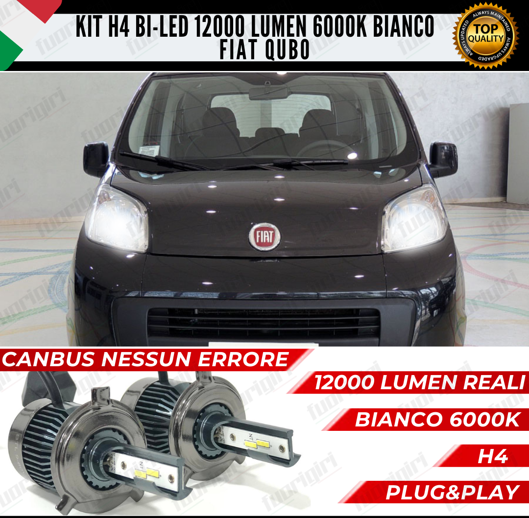 KIT LED H4 PER FIAT QUBO 6000K BIANCO CANBUS 12000 LUMEN BI-LED ANABB+ABB NESSUN ERRORE