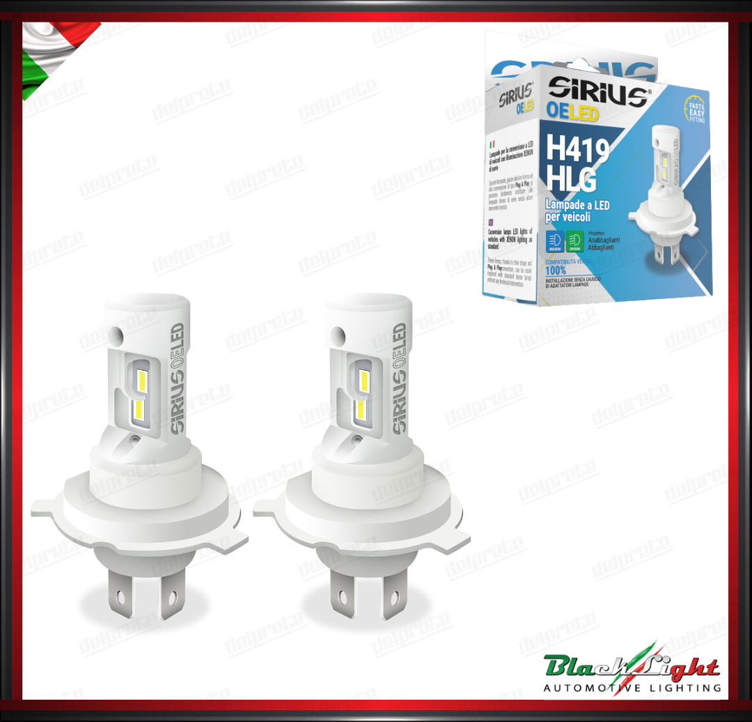 KIT LED H4 H19 2 LAMPADE SIRIUS 12V 6000K 7200 LUMEN - BLACKLIGHT SERIE OELED XL H419 HLG